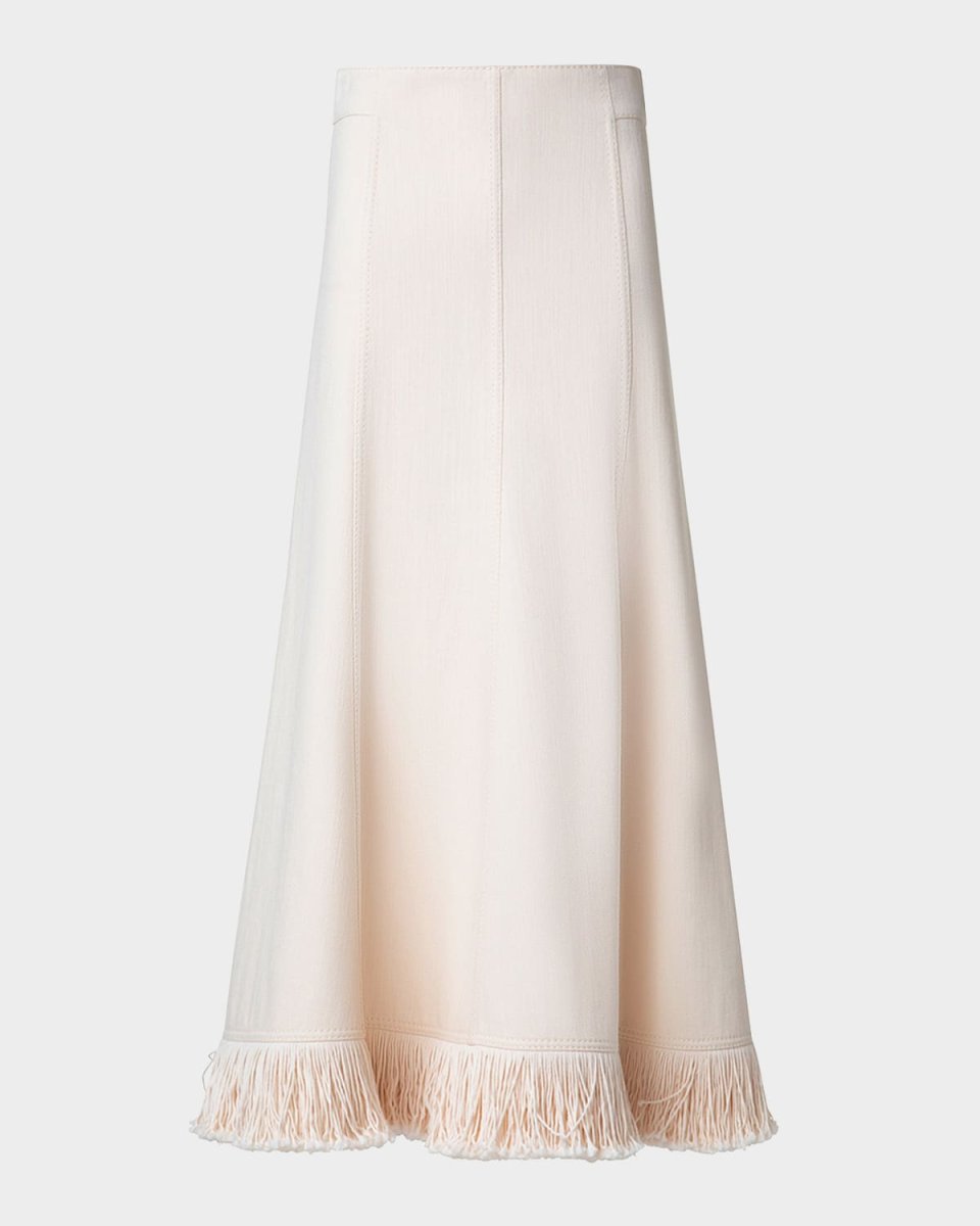 Fringe-Hem Cotton-Wool Denim Midi Skirt
